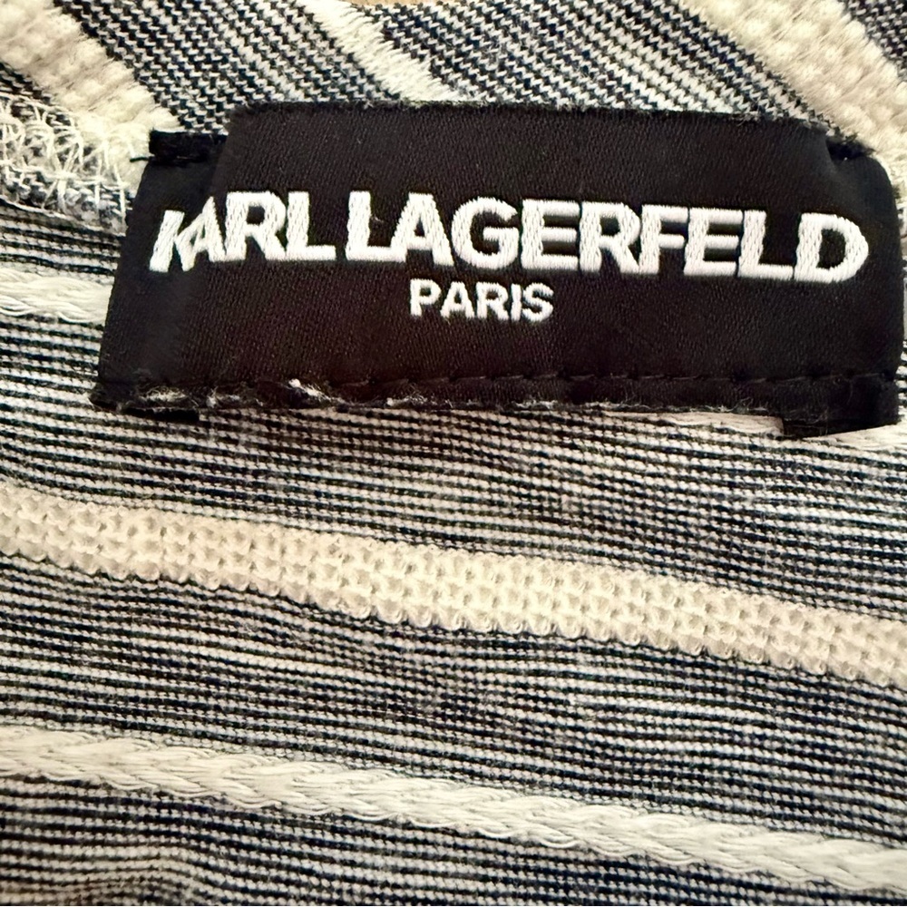 Karl Lagerfeld Minimalist Black and White Striped Lace Sleeveless Top - Picture 3 of 4